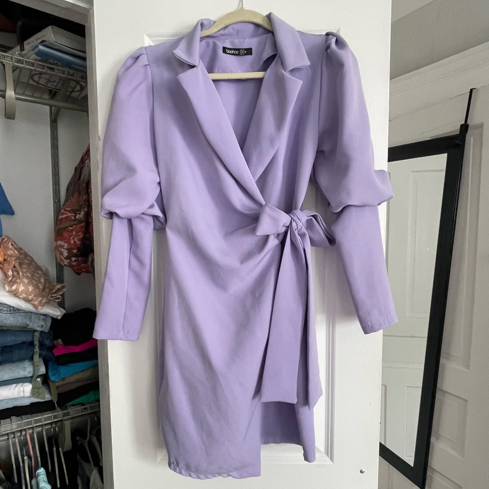 Boohoo lavender wrap blazer dress with puff sleeves